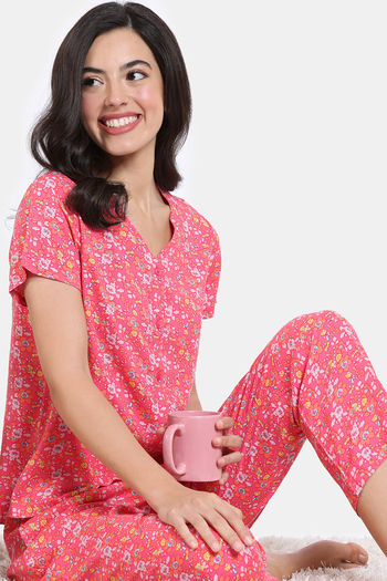 Buy Zivame Floral Pop Woven Pyjama Set - Coral Paradise